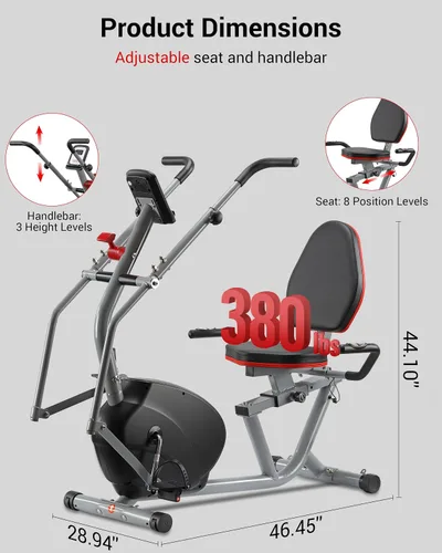 Vista 10 de ECHANFIT Recumbent Exercise Bike with Arm Exerciser for Home - Elliptical Recumbent Cross Trainer with Backlit Display, Pulse Sensor, 8-Level