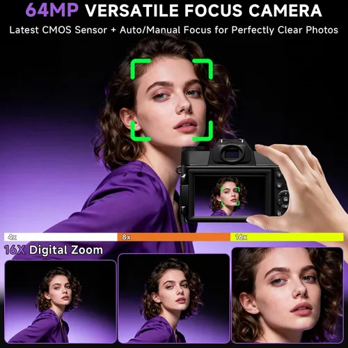Vista 3 de Cámara digital 6K para fotografía con enfoque automático, cámara de videoblogs WiFi de 64 megapíxeles para YouTube con pantalla giratoria de 3