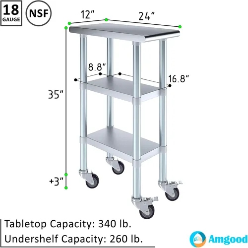 Vista 3 de AmGood Stainless Steel Work Table with 2 Shelves and Casters Metal Utility Table On Wheels
