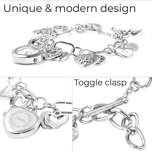 Vista 5 de Shop LC STRADA - Reloj con dije de corazón múltiple para mujer, cristal blanco esmaltado, movimiento japonés (Rosetonetono doradoplata)