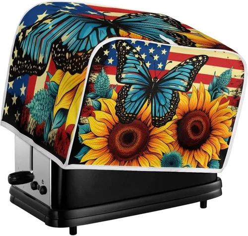 Vista 6 de Funda para tostadora Baxinh con estampado de mariposas y girasoles, 2 rebanadas, bandera americana, cubierta pequeña para electrodomésticos