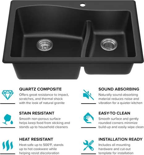 Vista 15 de Kraus Quarza - Fregadero de cocina de doble seno 60/40 de granito de instalación empotrada/sobre encimera, 33 pulgadas, color negro, KGD-442BLACK