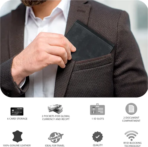 Vista 6 de Real Leather Trifold Wallet For Men - Slim Ultra Thin Tri Fold Front Pocket Minimalist Credit Card Holder ID Window Gift Men