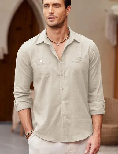 Vista 2 de COOFANDY Camisa casual de lino de manga larga con botones para hombre