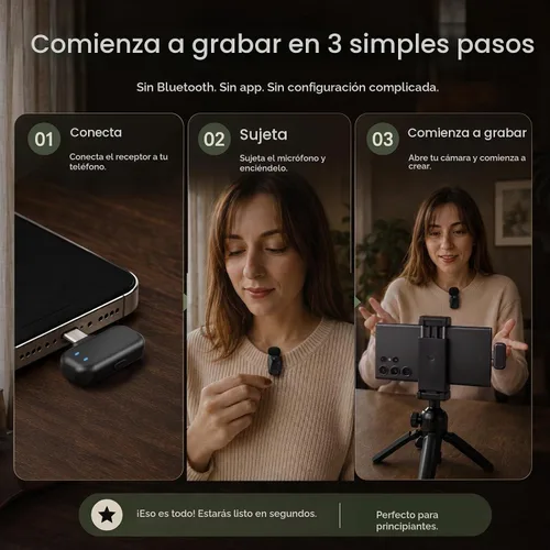 Vista 3 de Mini micrófono inalámbrico Lavalier para iPhone y cámara Android, micrófonos inalámbricos de doble canal con cancelación de ruido AI, rango de 328