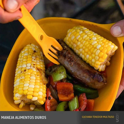Vista 5 de UCO Utility Spork 3 en 1 Combo Cuchara-Tenedor Cuchillo Utensilio Dorado/azul cielo