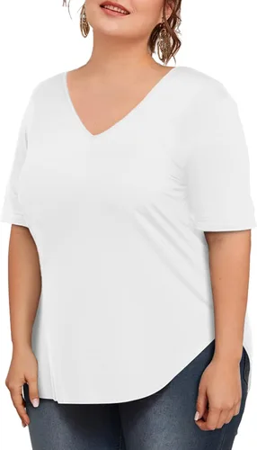 Vista 2 de Amoretu Blusa casual de manga corta con cuello en V para mujer, talla grande