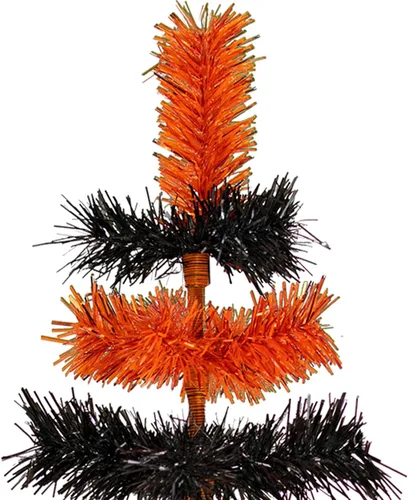 Vista 2 de Árbol de Navidad multicolor naranja y negro con temática de Halloween, cepillo en capas de oropel artificial con soporte incluido (18 pulgadas)