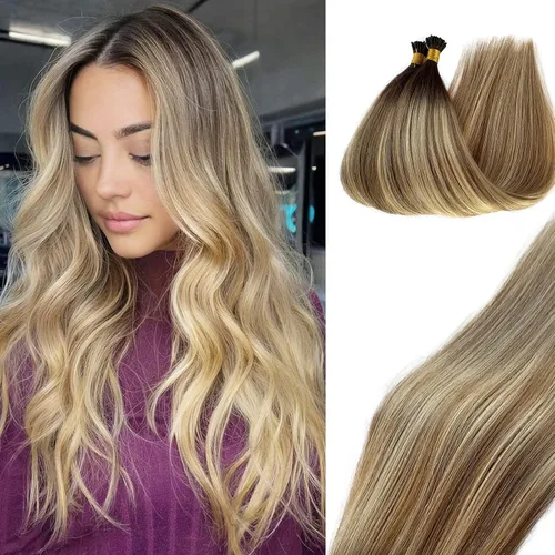 Vista 24 de Extensiones de cabello Microlink con reflejos, cabello humano lacio de 14 pulgadas, rubio caramelo resaltado, 50G/50S