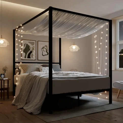 Vista 3 de ikalido Marco de cama con dosel de metal tamaño completo, marco de cama con plataforma moderna de cuatro postes, base de colchón, espacio de Negro
