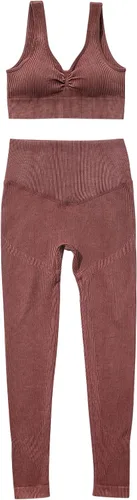 Vista 3 de Conjuntos de entrenamiento para mujer trajes de 2 piezas lavados sin costuras acanalados cuello corazón brasier sin mangas cintura alta conjuntos