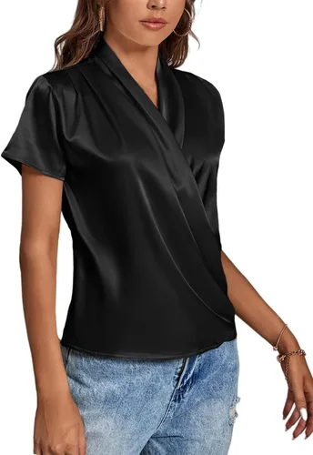 Vista 3 de LYANER Blusa elegante de satén con cuello en V y manga corta para mujer