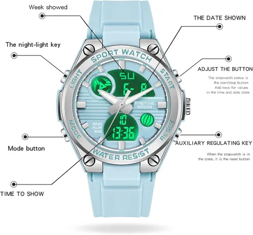 Vista 6 de findtime Relojes de pulsera para mujer, digital, 5 bares, impermeables, con retroiluminación LED, correa colorida, alarma analógica