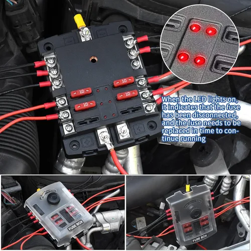 Vista 4 de Bloque de fusibles de 6 vías de 12 V con indicador LED, 300/45 A con cubierta antipolvo, terminal positivo individual de 6 vías y portafusibles