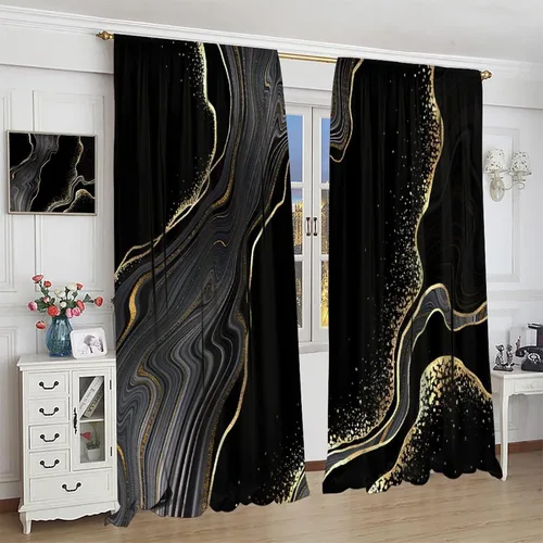Vista 39 de Cortinas Negras con Dobladillo Dorado, Cortinas Opacas con Bolsillo para Barra con Estampado de Rayas de Foil en Onda Dorada para Decoración de Negro