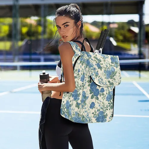 Vista 7 de Bolsa de pelota de raqueta de tenis, estilo vintage, diseño floral, rosas azules, bolsas de gimnasio, mochila de viaje para adolescentes, niños