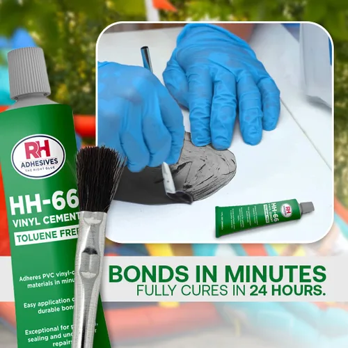 Vista 5 de Kit de parches de vinilo RH Adhesives con PVC flexible reforzado de 10" x 10", tubo de 1 oz. de cemento de vinilo HH-66 TF, pincel aplicador, Negro