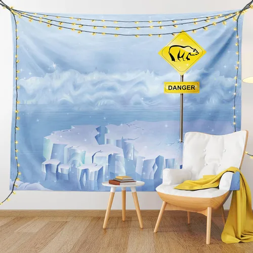 Vista 9 de Lunarable Tapiz de invierno tamaño King, letrero de peligro de oso polar en iceberg ártico norte nevado ilustración agrietada, colcha colgante