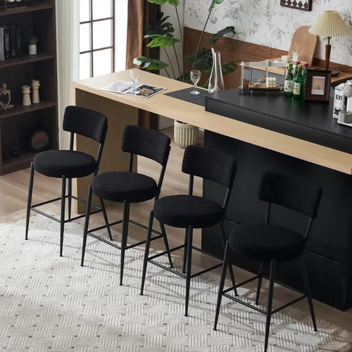 Vista 9 de Juego de 2 taburetes de bar tapizados de tela de peluche con respaldo, sillas de bar de comedor tapizadas modernas con patas de metal y reposapiés