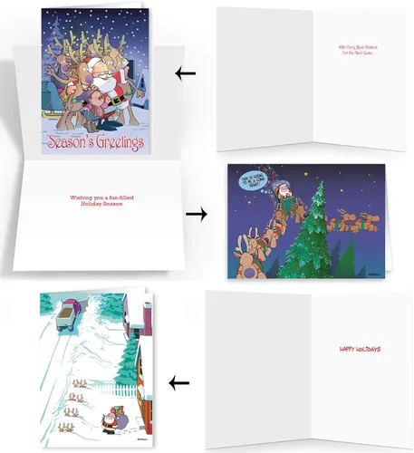 Vista 3 de Caja con juego de 24 tarjetas de Navidad divertidas, de Stonehouse Collection. 8 diseños, 3 tarjetas por diseño.