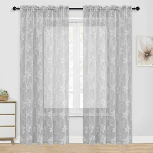 Vista 56 de DWCN Paquete de 2 cortinas traslúcidas pequeñas de encaje floral beige para cocina, cortinas traslúcidas ligeras con bolsillo para barra, cortinas