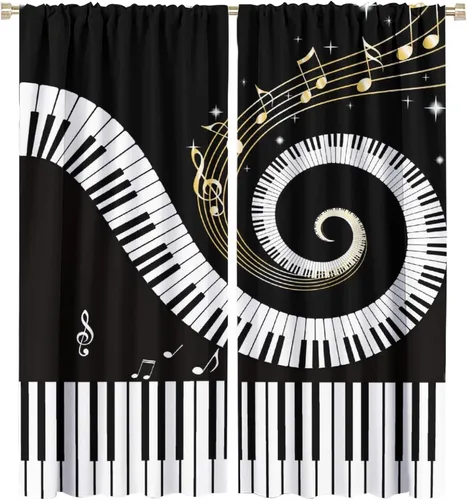 Vista 12 de Cortinas abstractas con notas musicales de piano, temática musical de piano, decoración de dormitorio de niños y niñas, arte rústico retro