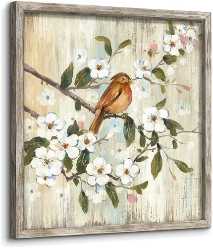 Vista 9 de Decoración de pared floral de pájaro: obra de arte botánica enmarcada imagen de animal en la rama de árbol impresión de madera para baño (12 x 12)