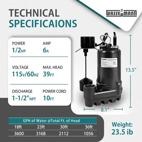 Vista 6 de [Usado] WASSERMANN 1/2HP 3600GPH Bomba de sumidero sumergible de hierro fundido con interruptor de flotador vertical, bomba de aguas residuales
