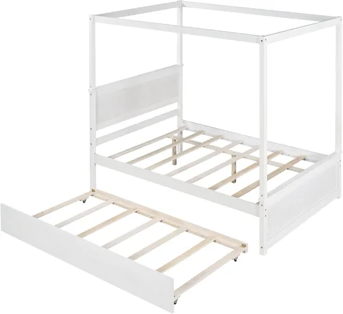 Vista 9 de Harper & Bright Designs Cama con dosel de tamaño matrimonial con cama nido, plataforma de madera con dosel con listones de soporte, cama de piso
