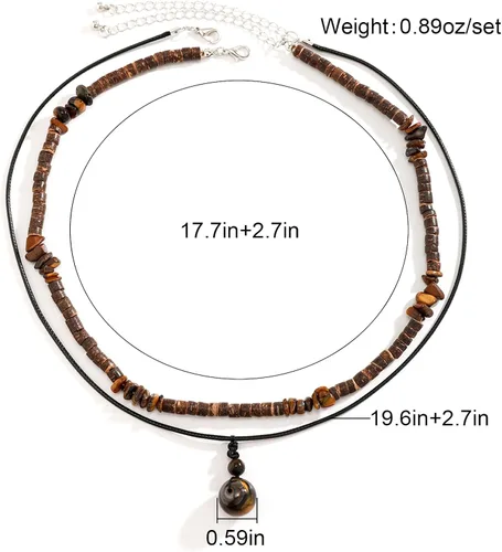 Vista 7 de Collar de capas de conchas Puka para hombres con cuentas de madera de coco marrón, collar bohemio de verano para hombres, collar de playa