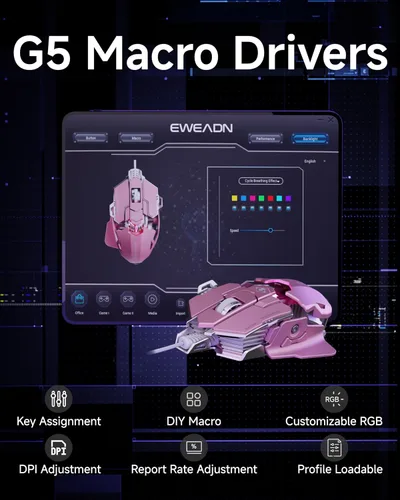 Vista 5 de EWEADN G5 - Mouse para juegos con cable, mouse ergonómico para computadora RGB, 12800 DPI ajustables, 9 botones macro programables con llave