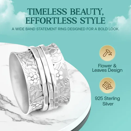 Vista 6 de Boho-Magic Anillo giratorio de plata esterlina para mujer, banda ancha, anillo de plata 925 con tres bandas giratorias suaves, estilo meditación