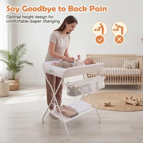 Vista 4 de HONEY JOY Cambiador, organizador plegable para guardería con estante abierto y cinturón de seguridad, estación de cambio de pañales portátil