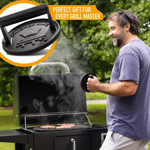 Vista 5 de SMASHER KING™ - Prensa de hamburguesa premium de hierro fundido con 25 piezas de papel para hamburguesas, prensa de hamburguesas para plancha