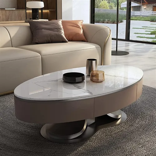 Vista 7 de Mesa de Centro Mesa de centro ovalada de lujo con cajones, mesa anidable de pizarra moderna para sala de estar, mesa de cóctel, estable con marco