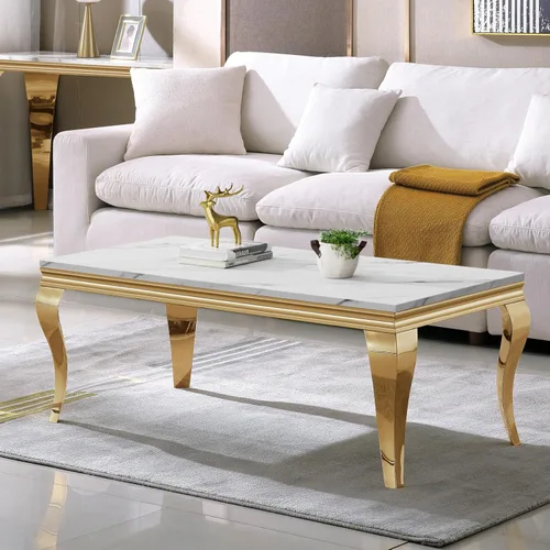 Vista 46 de SSLine Mesa de Centro Rectangular de Mármol Sintético para Sala de Estar, Mesa Central Moderna de Mármol Blanco de Lujo con Base Doble en Forma de U