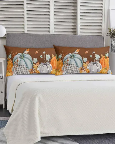 Vista 6 de Fundas de almohada de tamaño King con calabazas marrones, fundas de almohada suaves decorativas para sofá de cuerpo largo, con cierre de sobre
