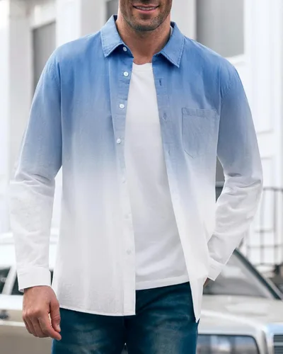 Vista 4 de Camisas de lino degradado para hombre, camisas hippie de manga larga con botones casuales