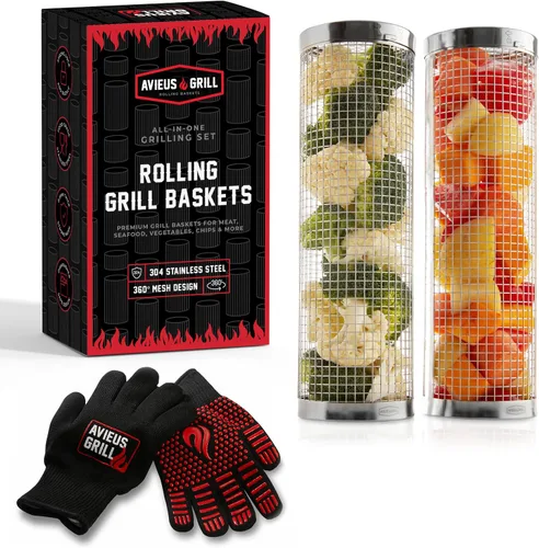 Vista 8 de Canastas de parrilla US GRILL para parrilla al aire libre 2 cestas de parrilla con mango desmontable Juego de parrilla de barbacoa con guantes