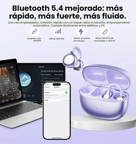 Vista 8 de Auriculares con clip, auriculares de oreja abierta inalámbricos Bluetooth 5.4, auriculares ligeros de oreja abierta con micrófono batería 59H Negro