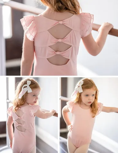 Vista 6 de Zaclotre Leotardo de ballet brillante con mangas con volantes para niñas, mallas de gimnasia con lazo hueco en la espalda para niños