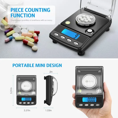 Vista 6 de AMIR Báscula digital de miligramo de 0.71 oz/0.00 oz, báscula electrónica de precisión con 6 unidades, USB y alimentada por batería, tara, pesas
