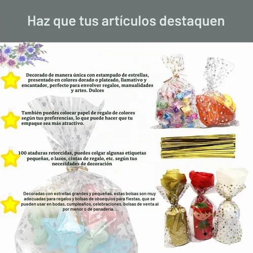 Vista 7 de 100 bolsas de regalo con estampado de estrellas de 3 x 5 pulgadas, bolsas de regalo de celofán, bolsas de regalo de celofán, bolsas de regalo