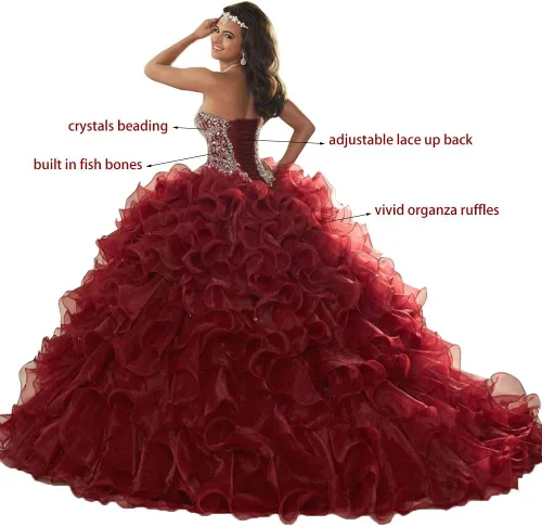 Vista 2 de Vestidos de fiesta de novia con cuentas pesadas para mujer, vestidos de organza con volantes, vestidos de quinceañera para Sweet 16