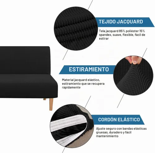 Vista 2 de H.VERSAILTEX Funda elástica para futón sin brazos, funda protectora elástica para sofá cama, textura rica en elastano, pequeños cuadros de tela Negro