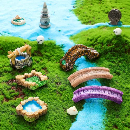 Vista 3 de Jetec 12 piezas de accesorios de jardín en miniatura, puente, mini faro, pozo de agua, figuritas de puente, figuritas de adorno para estanque