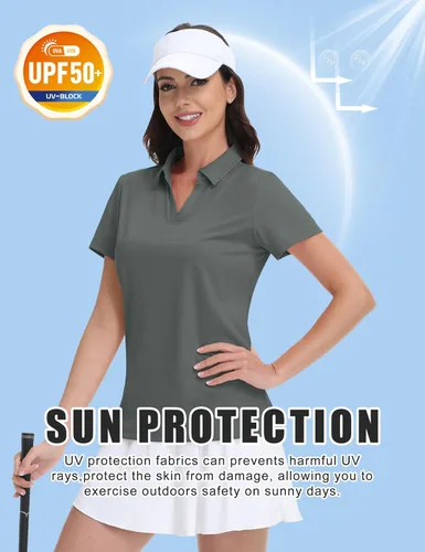 Vista 3 de MAGCOMSEN Camisas de golf para mujer, manga corta, cuello polo, cuello en V, secado rápido, protección solar UPF 50+
