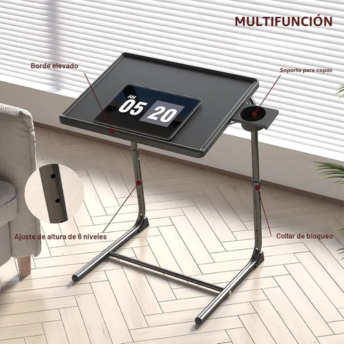 Vista 3 de Mesa con bandeja de TV, mesa de comedor ajustable para comer en el sofá con soporte para tazas, escritorio plegable con 6 ajustes de altura y 3