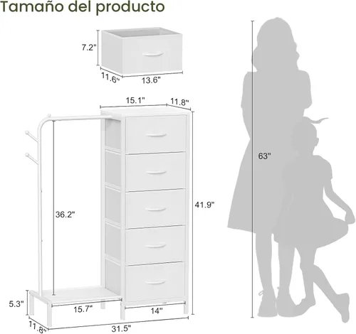 Vista 3 de Snughome Cómoda con estante para colgar, perchero para colgar ropa con 5 cajones, cómoda blanca con perchero, cómoda de almacenamiento de tela