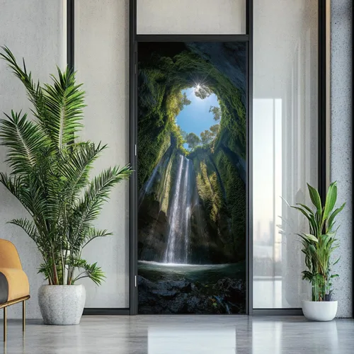 Vista 6 de arricraft 2 piezas de pegatinas adhesivas para puerta, 31.5"x78.7" adhesivos de pared 3D con patrón de cascadas de cuevas, vinilo para puertas